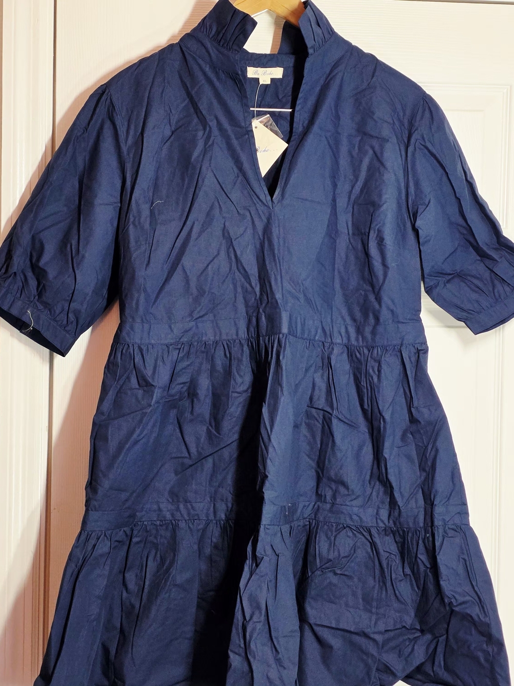 Relaxed Navy Tiered Midi Dress with Notch Neck XL